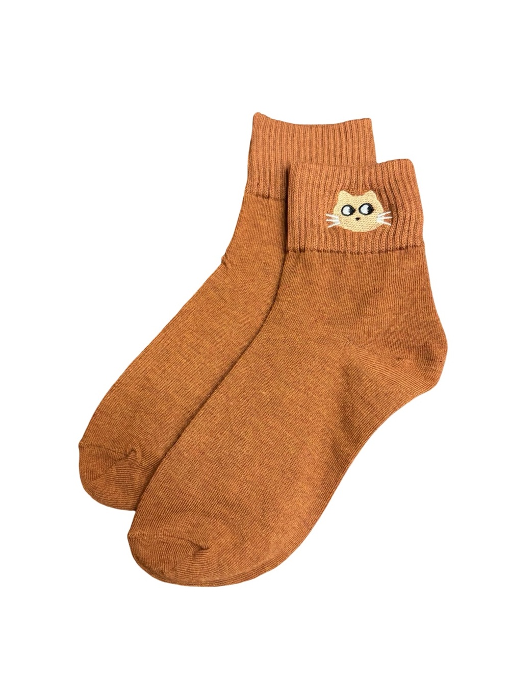 Cute Cat Embroidered Low Crew Socks Brown Womens One Size